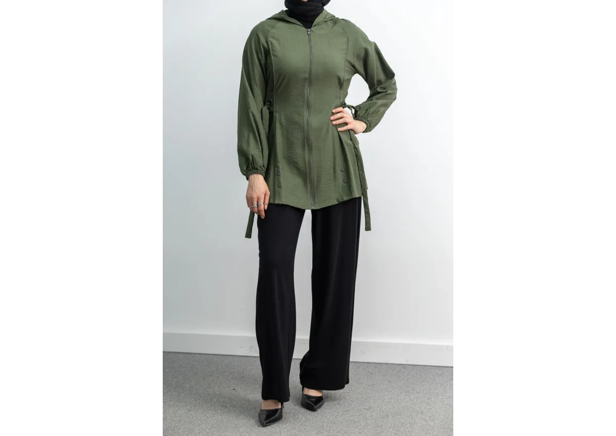 Letafet Şerit Detaylı Kapüşonlu Fermuarlı Ceket - HAKİ - (Asorti: S-XL)