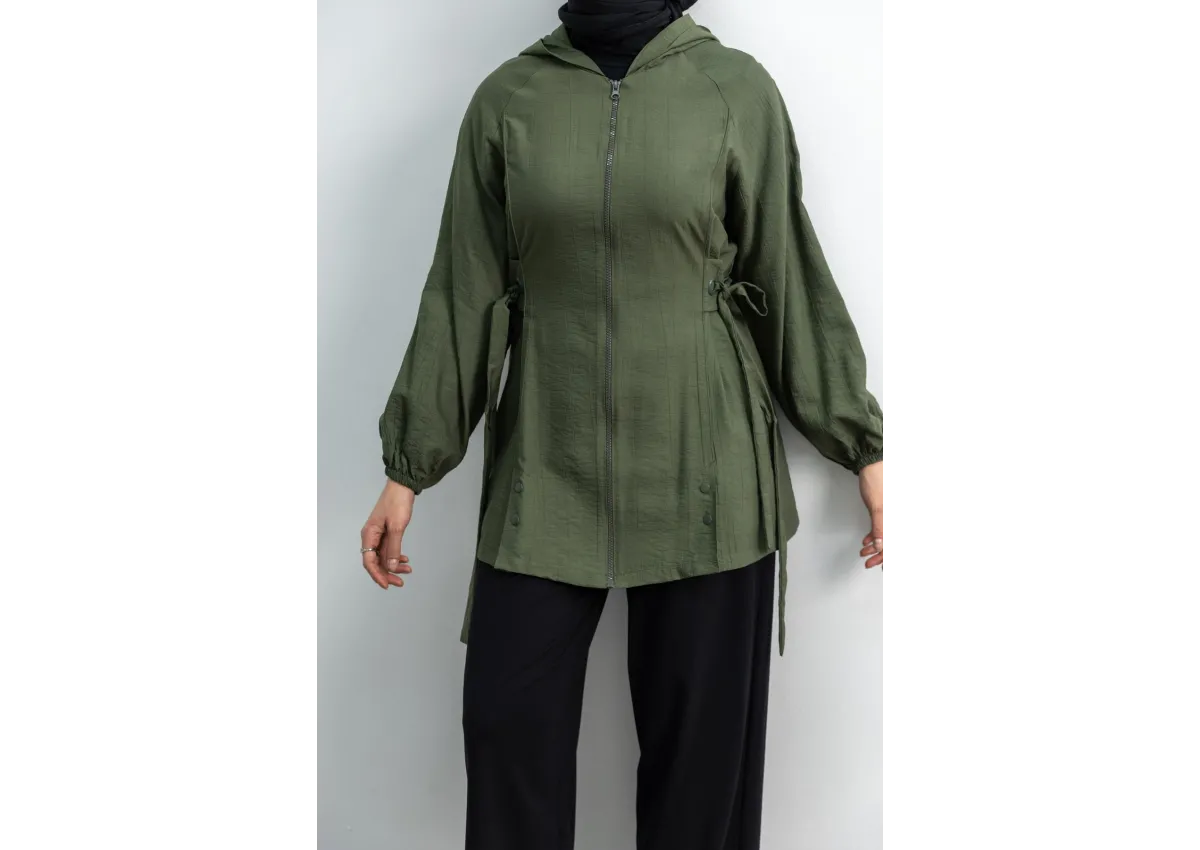 Letafet Şerit Detaylı Kapüşonlu Fermuarlı Ceket - HAKİ - (Asorti: S-XL)