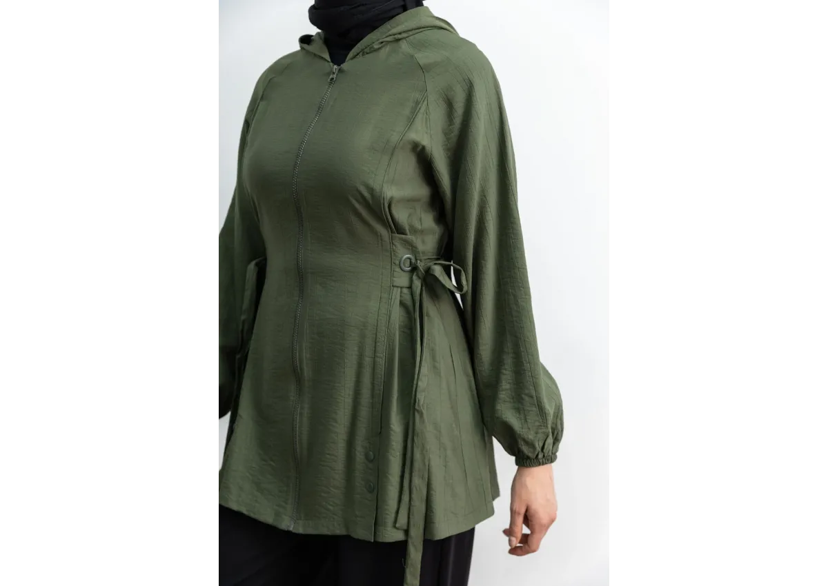 Letafet Şerit Detaylı Kapüşonlu Fermuarlı Ceket - HAKİ - (Asorti: S-XL)