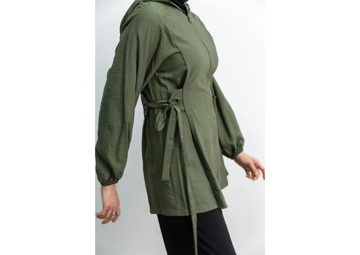 Letafet Şerit Detaylı Kapüşonlu Fermuarlı Ceket - HAKİ - (Asorti: S-XL)