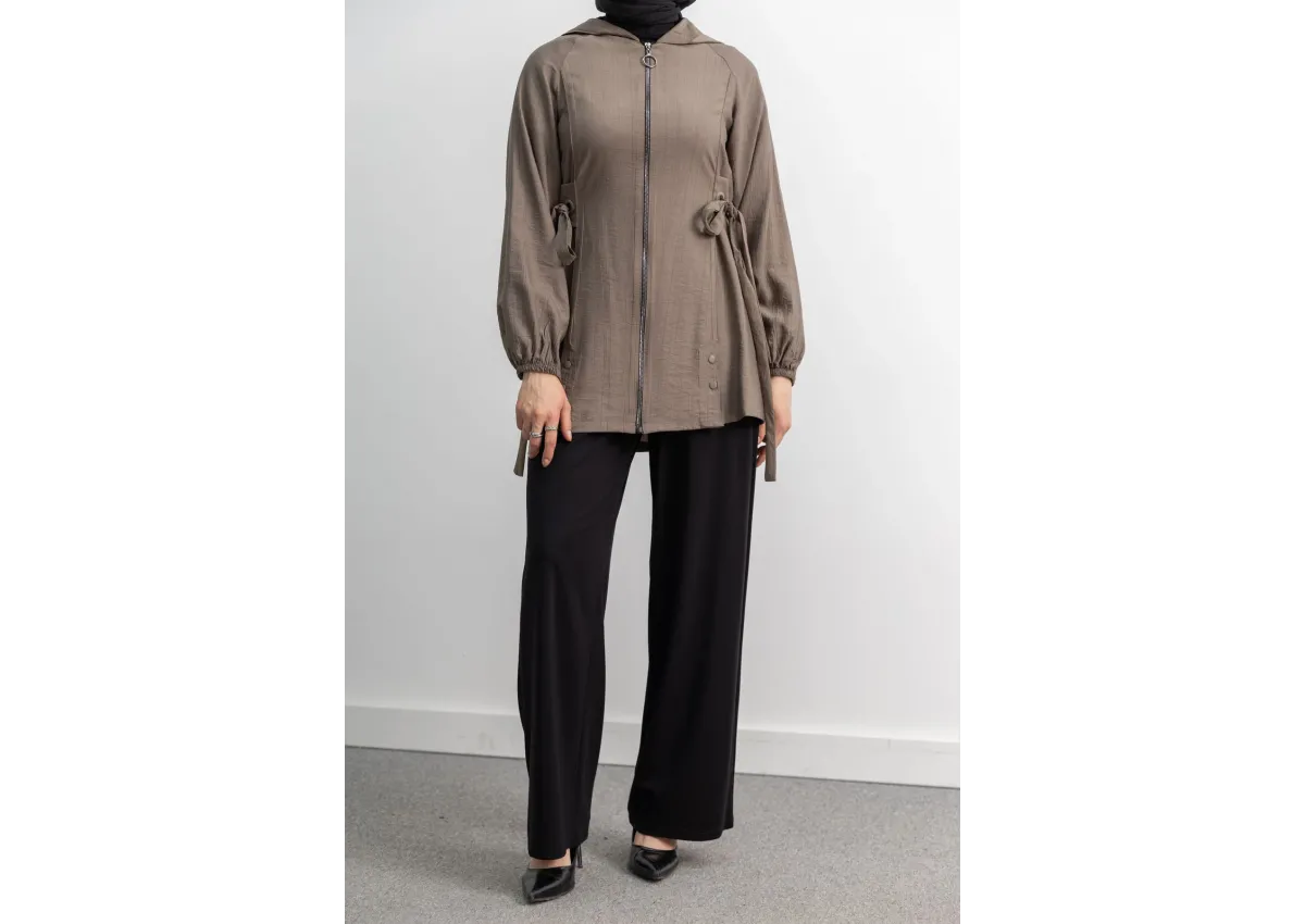 Letafet Şerit Detaylı Kapüşonlu Fermuarlı Ceket - TAŞ - (Asorti: S-XL)