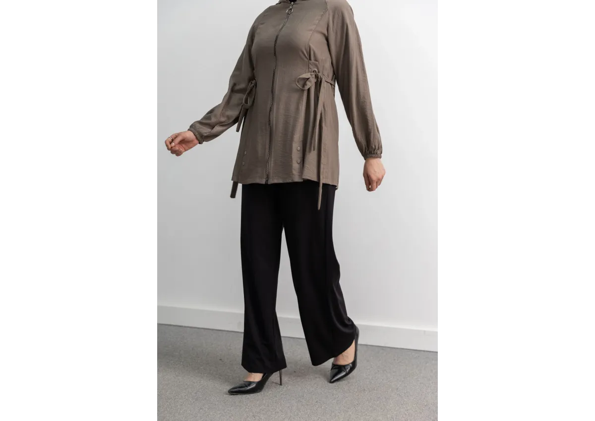 Letafet Şerit Detaylı Kapüşonlu Fermuarlı Ceket - TAŞ - (Asorti: S-XL)