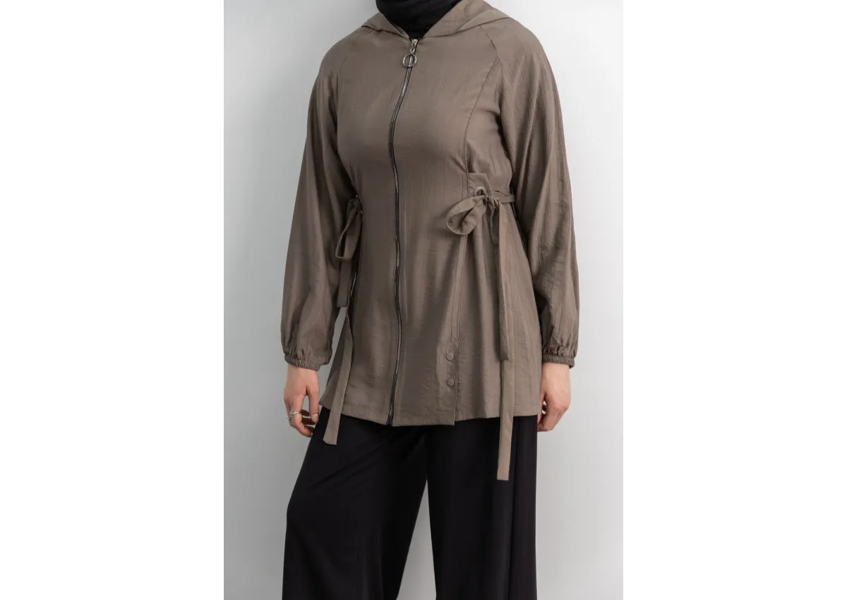 Letafet Şerit Detaylı Kapüşonlu Fermuarlı Ceket - TAŞ - (Asorti: S-XL)