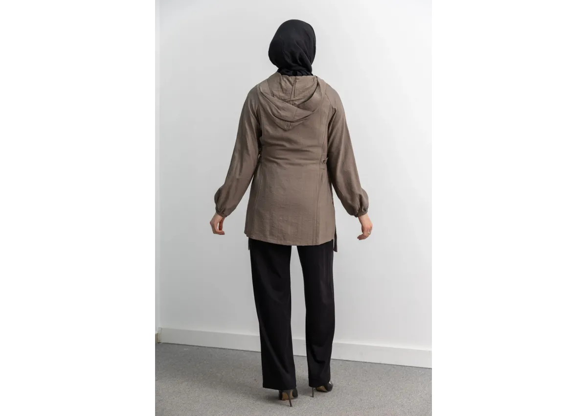 Letafet Şerit Detaylı Kapüşonlu Fermuarlı Ceket - TAŞ - (Asorti: S-XL)