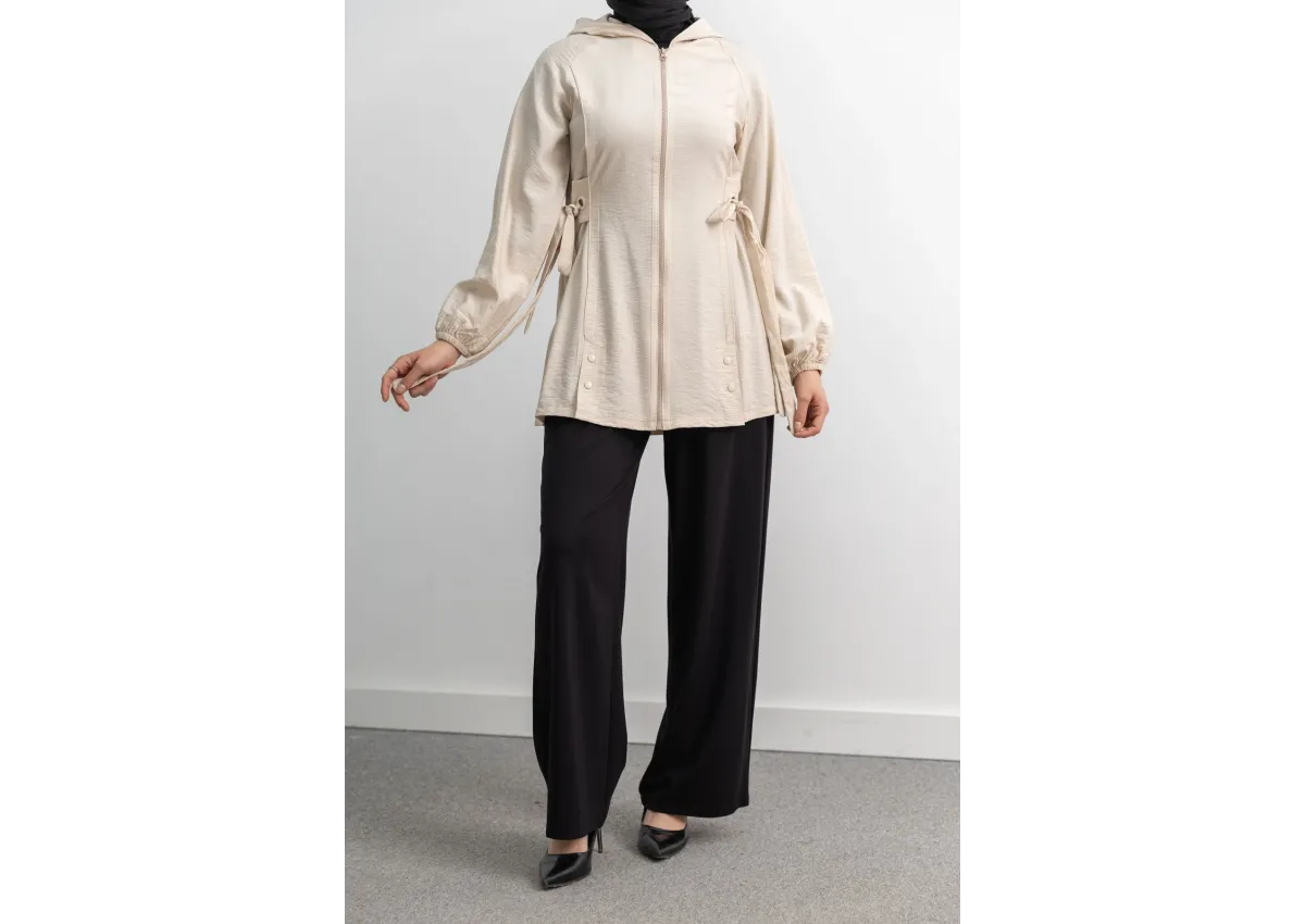 Letafet Şerit Detaylı Kapüşonlu Fermuarlı Ceket - KREM - (Asorti: S-XL)