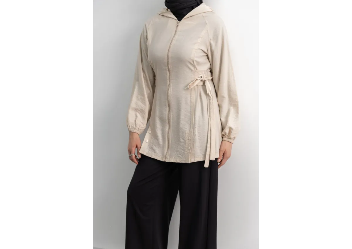 Letafet Şerit Detaylı Kapüşonlu Fermuarlı Ceket - KREM - (Asorti: S-XL)