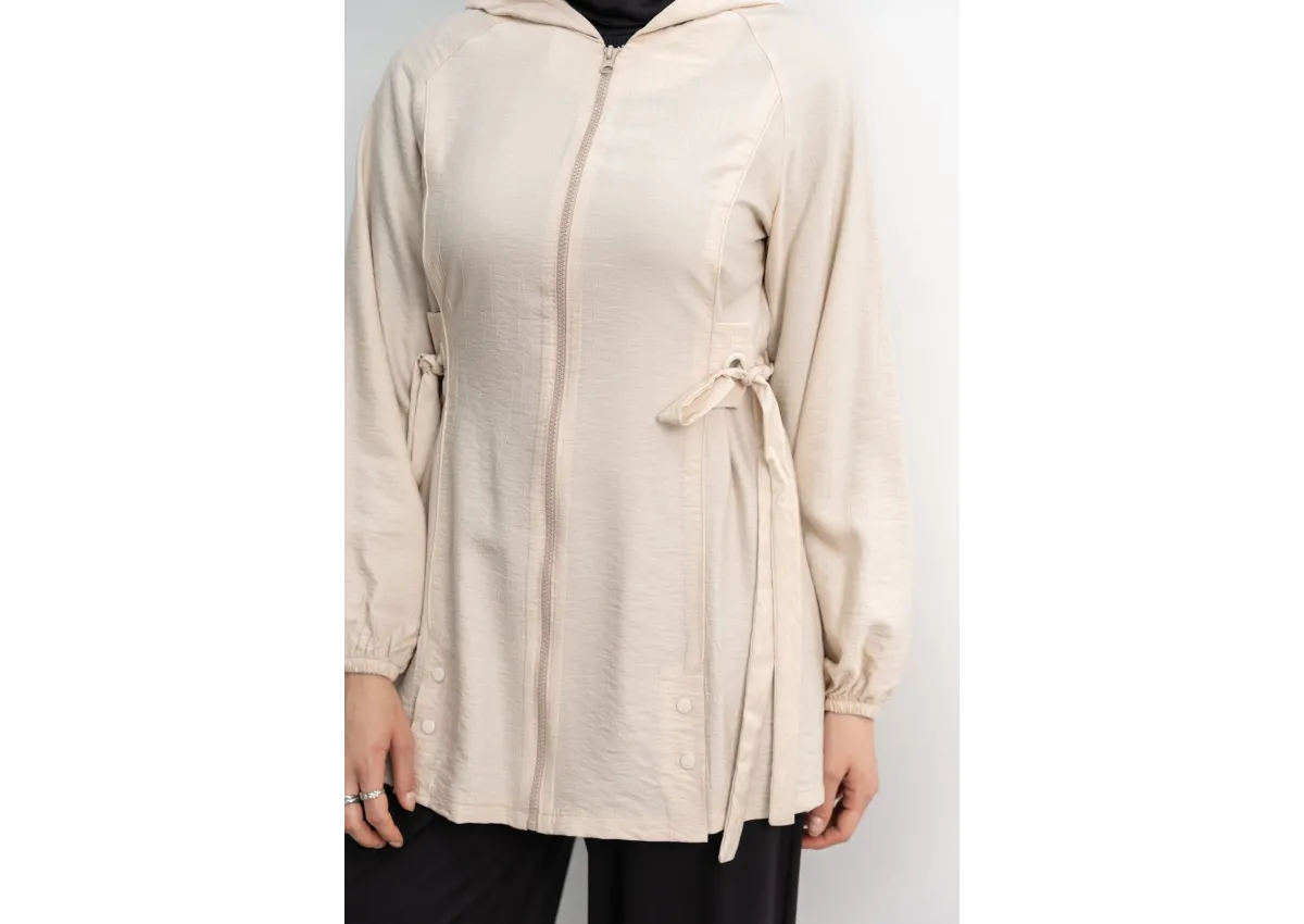 Letafet Şerit Detaylı Kapüşonlu Fermuarlı Ceket - KREM - (Asorti: S-XL)