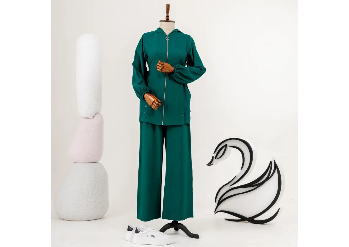 Letafet Şerit Detaylı Kapüşonlu Fermuarlı Ceket - ZÜMRÜT - (Asorti: S-XL)