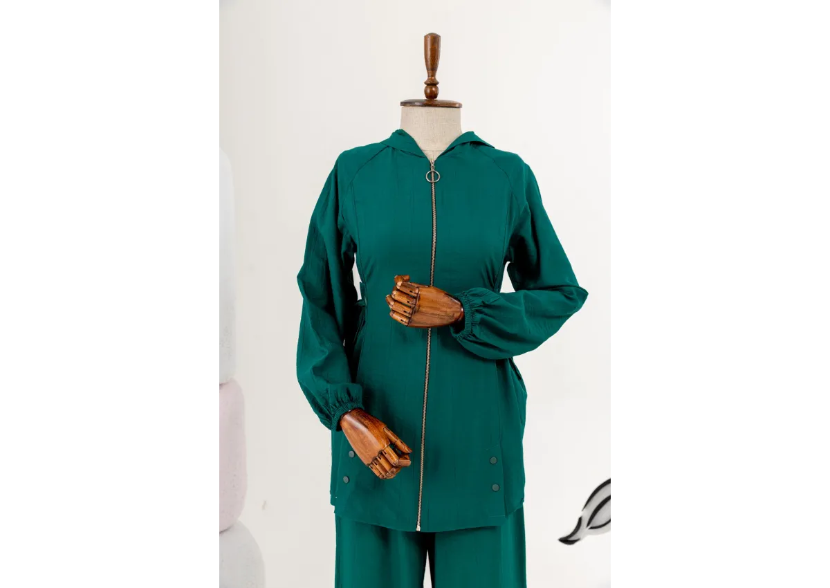 Letafet Şerit Detaylı Kapüşonlu Fermuarlı Ceket - ZÜMRÜT - (Asorti: S-XL)