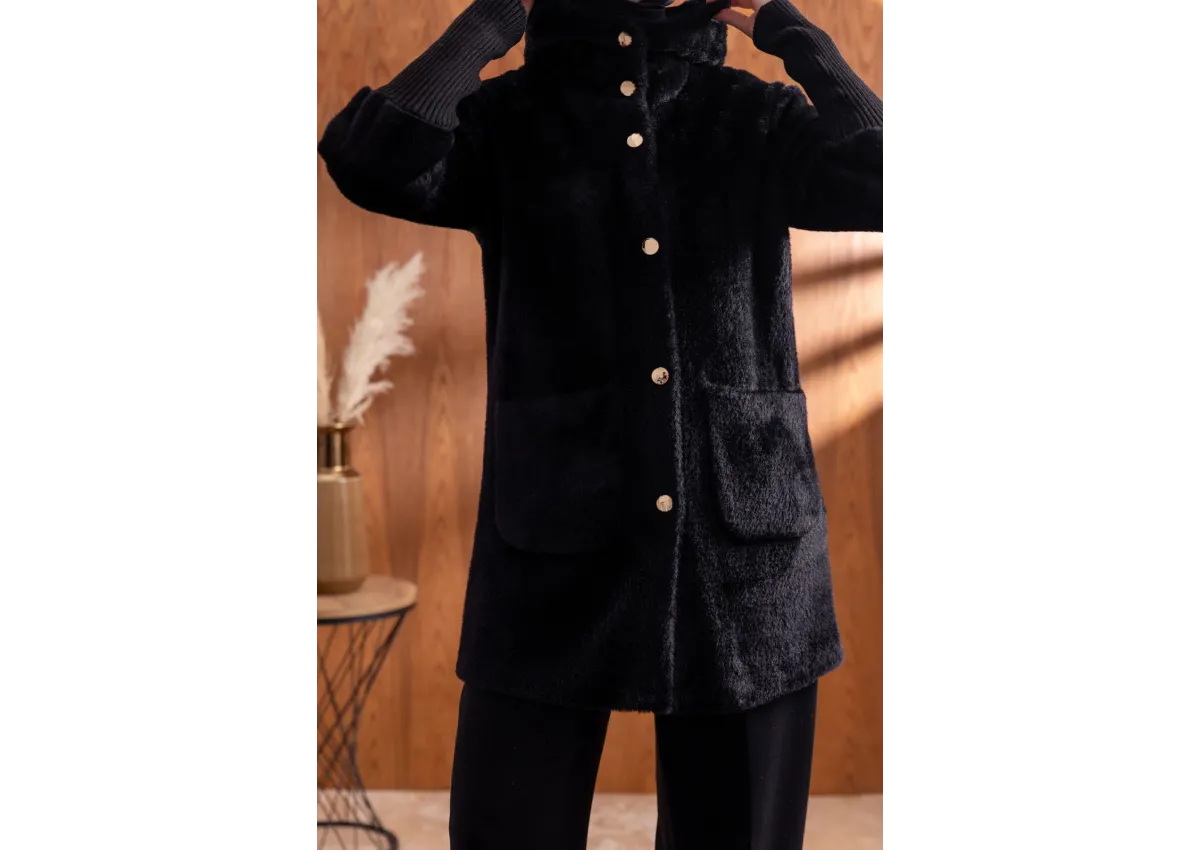 KOLLARI RİBANALI TORBA CEPLİ CEKET - SİYAH - (Asorti: M-XXL)