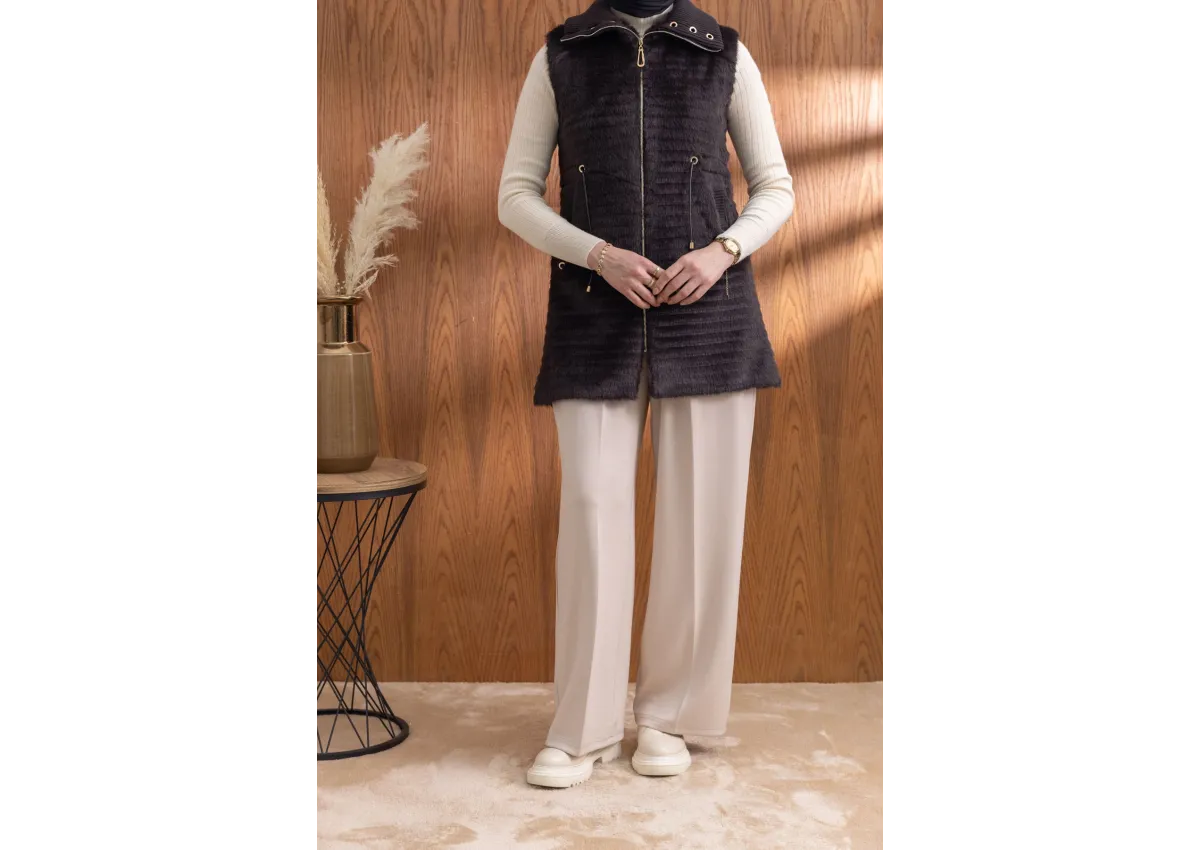 RİBANALI BELİ BAĞCIKLI YELEK - KAHVE - (Asorti: M-XXL)