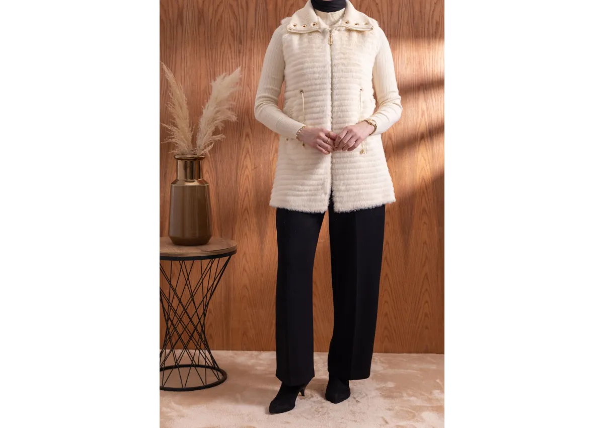 RİBANALI BELİ BAĞCIKLI YELEK - EKRU - (Asorti: M-XXL)