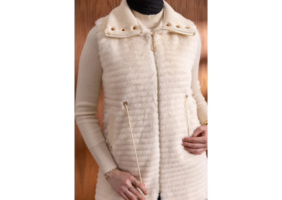 RİBANALI BELİ BAĞCIKLI YELEK - EKRU - (Asorti: M-XXL)