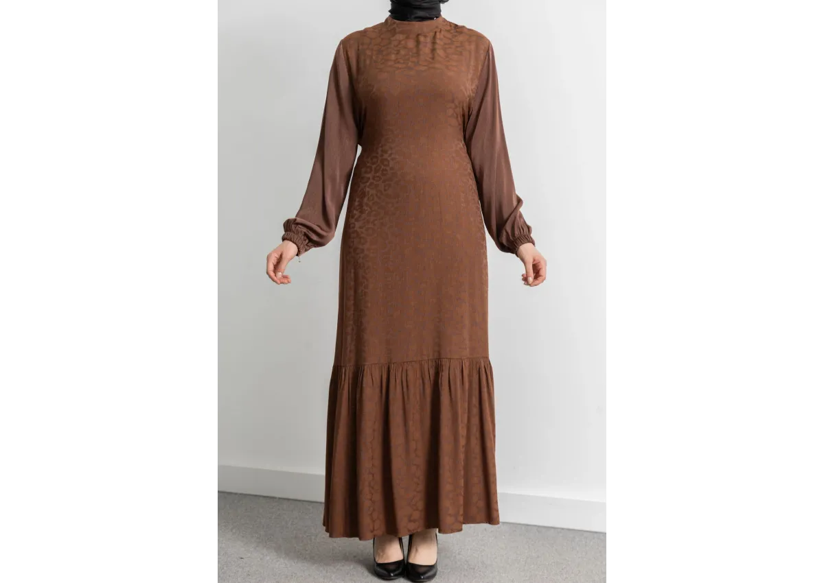 ETEK BÜZGÜ DETAYLI JAKAR ELBİSE - TABA - LEOPAR - (Asorti: 46-52)