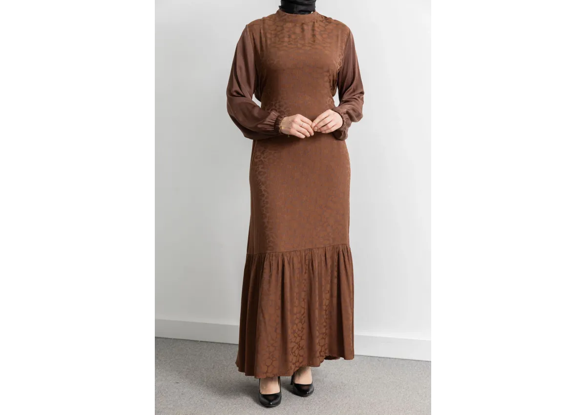 ETEK BÜZGÜ DETAYLI JAKAR ELBİSE - TABA - LEOPAR - (Asorti: 46-52)