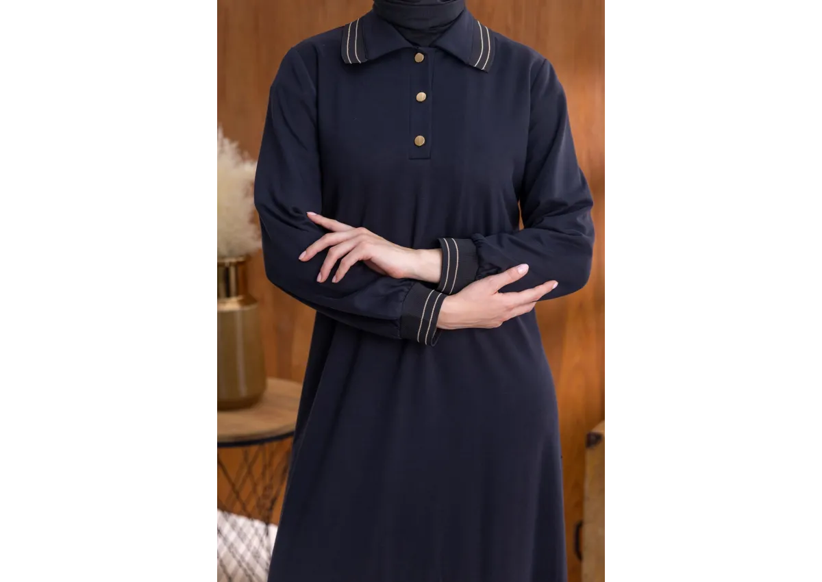 YAKASI VE MANŞETİ RİBANALI ELBİSE - SİYAH - (Asorti: M-XXL)