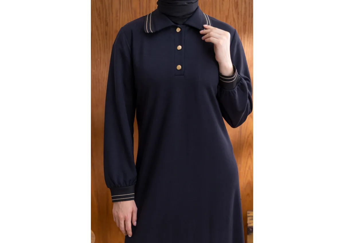 YAKASI VE MANŞETİ RİBANALI ELBİSE - SİYAH - (Asorti: M-XXL)