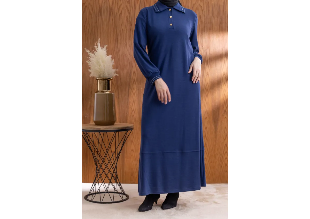 YAKASI VE MANŞETİ RİBANALI ELBİSE - LACİVERT - (Asorti: M-XXL)