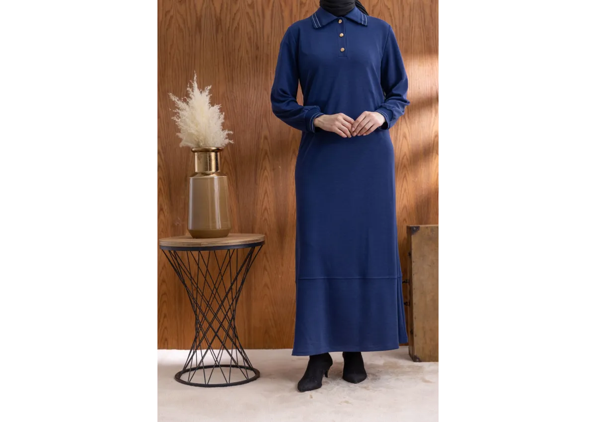 YAKASI VE MANŞETİ RİBANALI ELBİSE - LACİVERT - (Asorti: M-XXL)