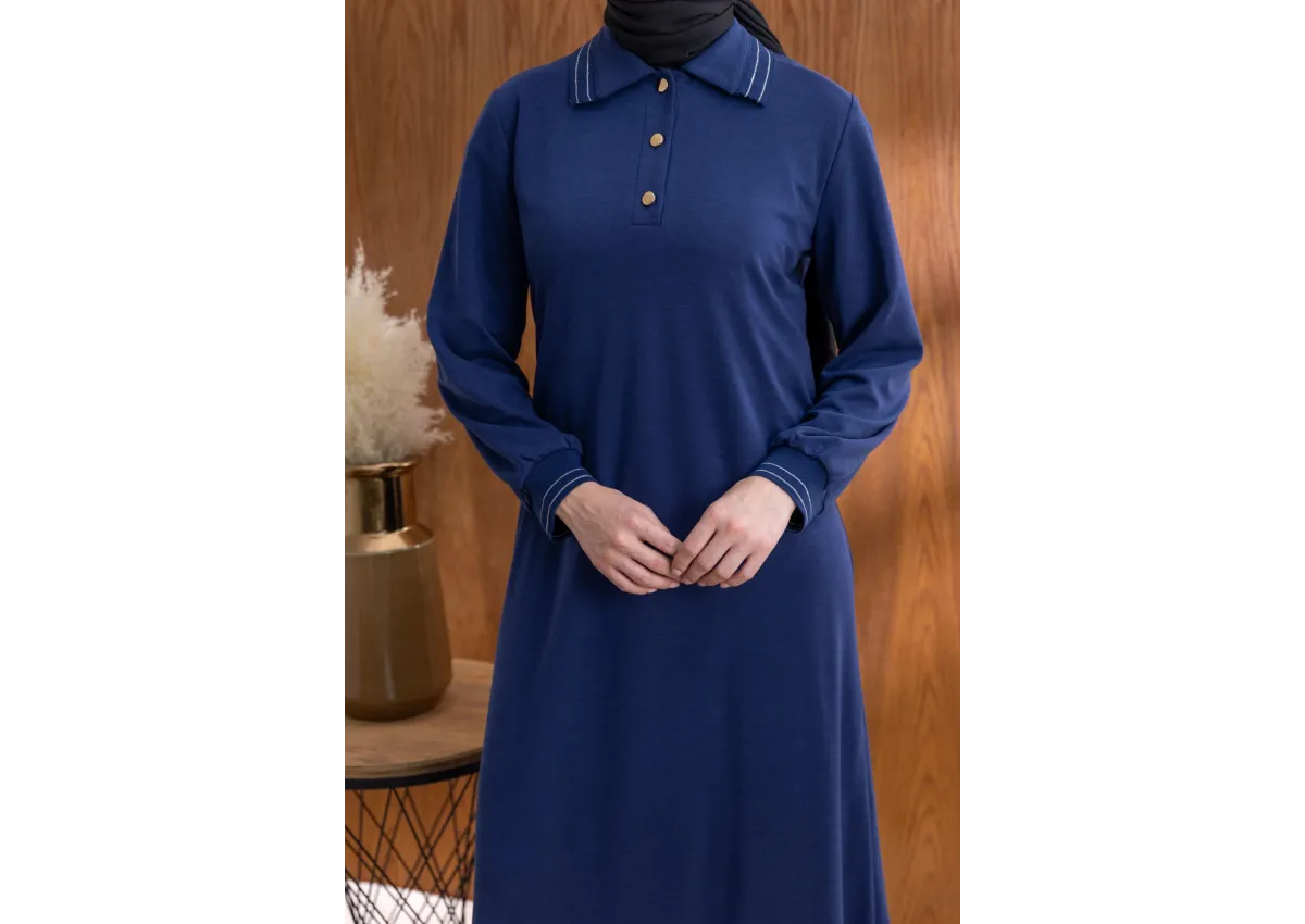 YAKASI VE MANŞETİ RİBANALI ELBİSE - LACİVERT - (Asorti: M-XXL)