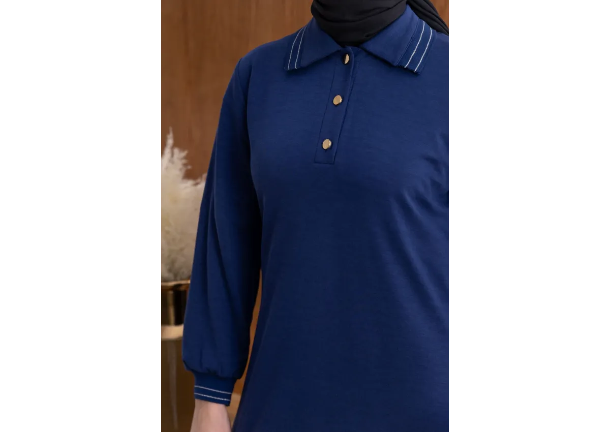 YAKASI VE MANŞETİ RİBANALI ELBİSE - LACİVERT - (Asorti: M-XXL)