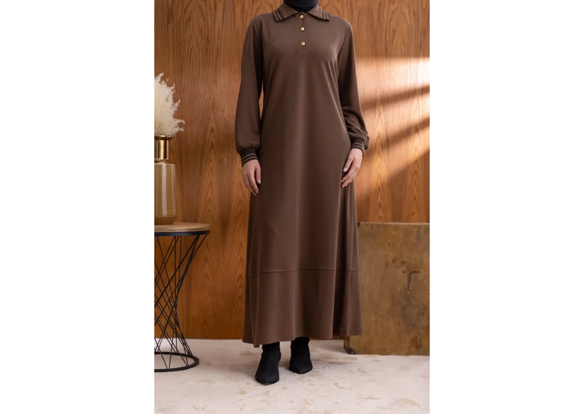 YAKASI VE MANŞETİ RİBANALI ELBİSE - KAHVE - (Asorti: M-XXL)