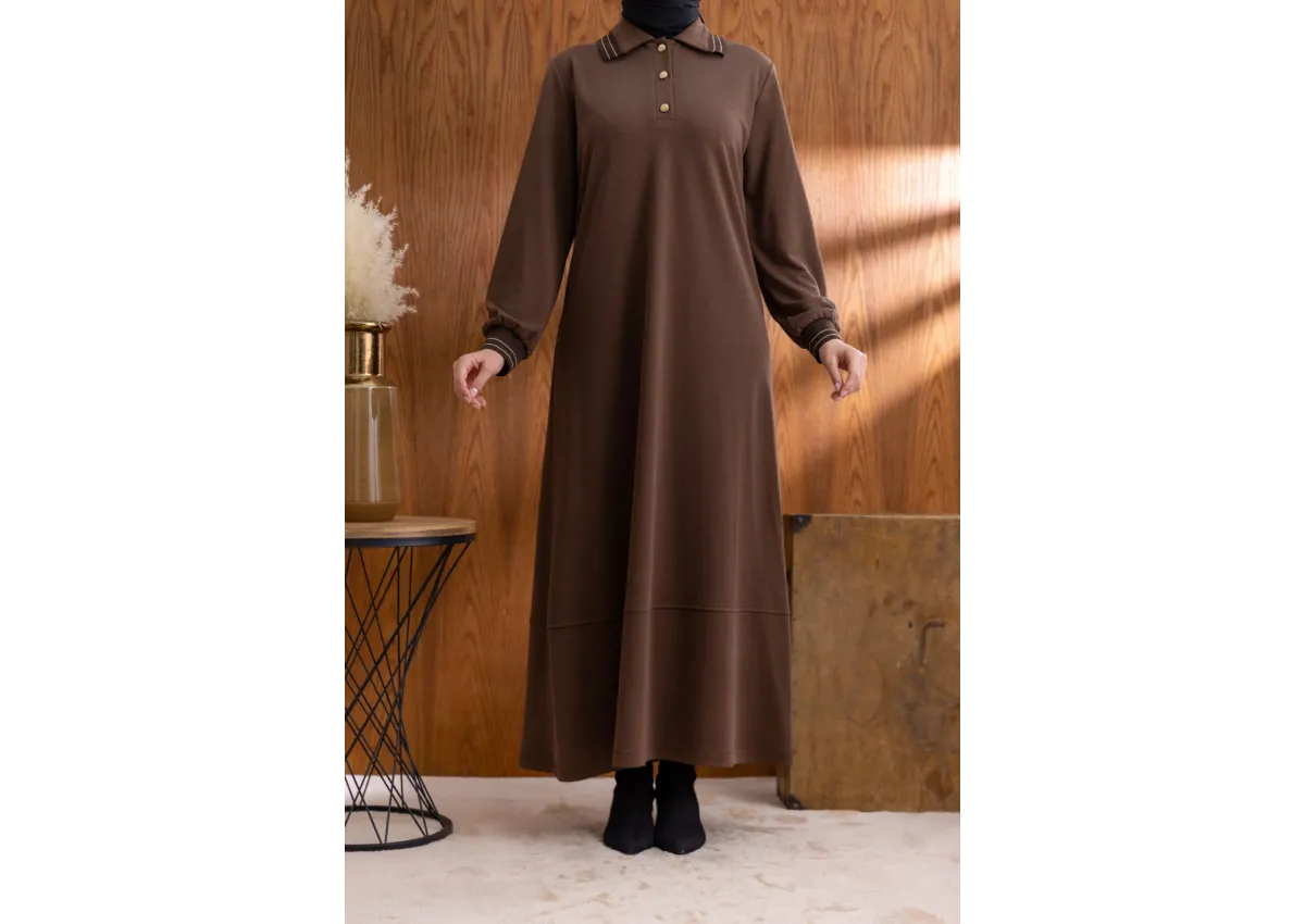 YAKASI VE MANŞETİ RİBANALI ELBİSE - KAHVE - (Asorti: M-XXL)