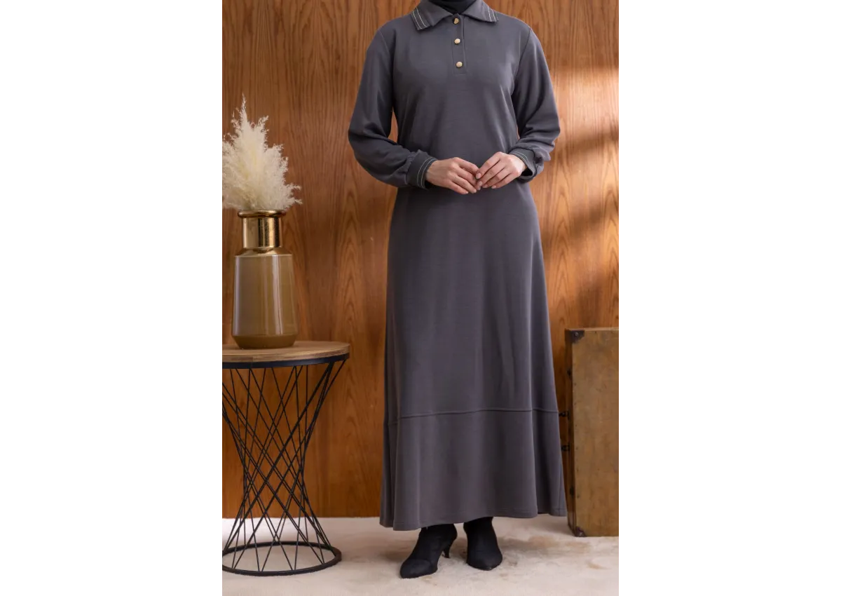 YAKASI VE MANŞETİ RİBANALI ELBİSE - ANTRASİT - (Asorti: M-XXL)