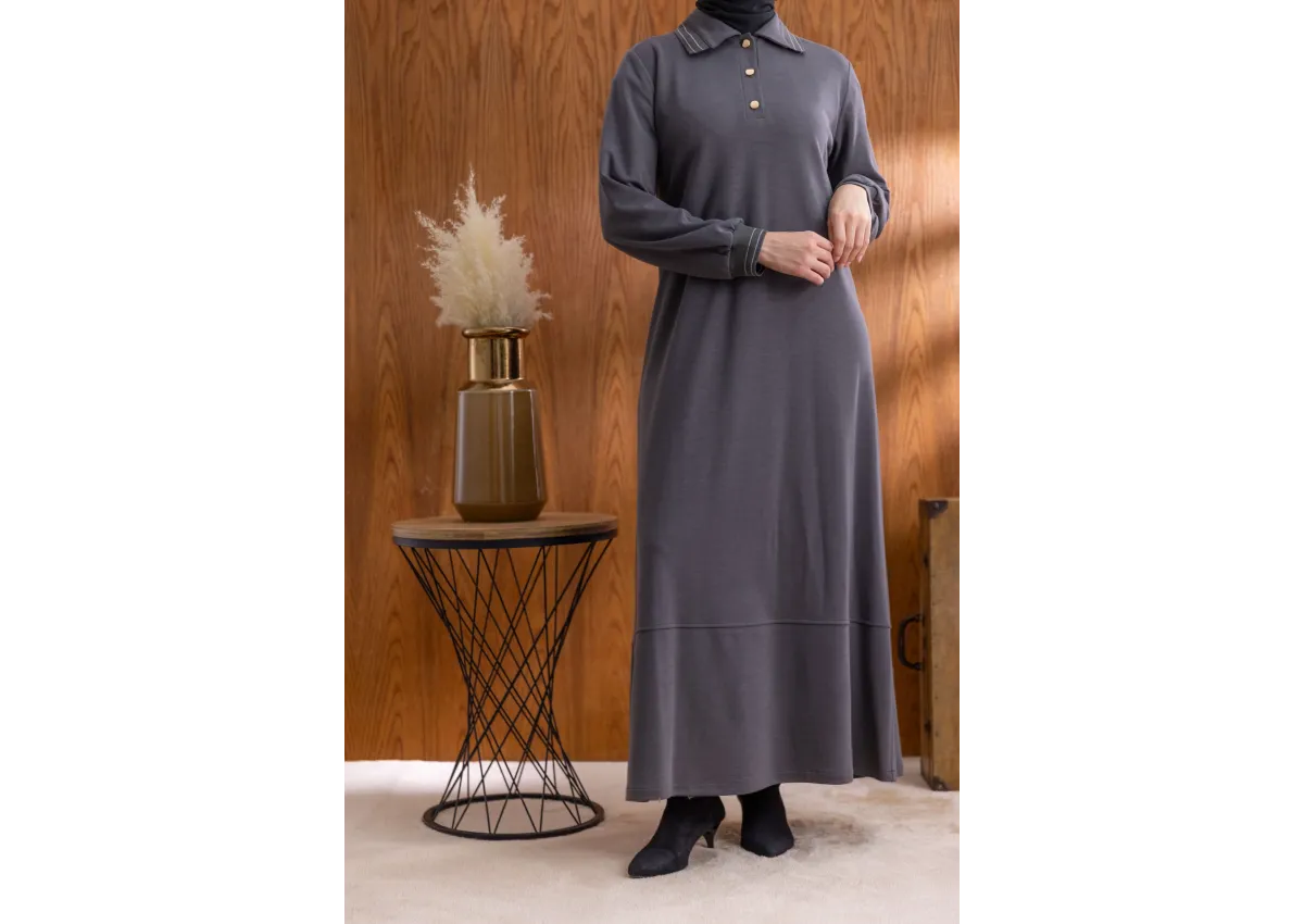 YAKASI VE MANŞETİ RİBANALI ELBİSE - ANTRASİT - (Asorti: M-XXL)