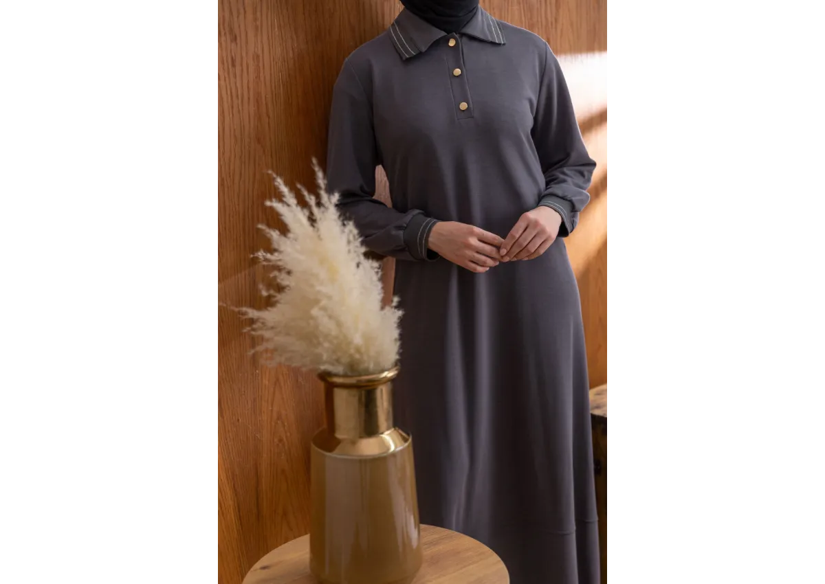 YAKASI VE MANŞETİ RİBANALI ELBİSE - ANTRASİT - (Asorti: M-XXL)