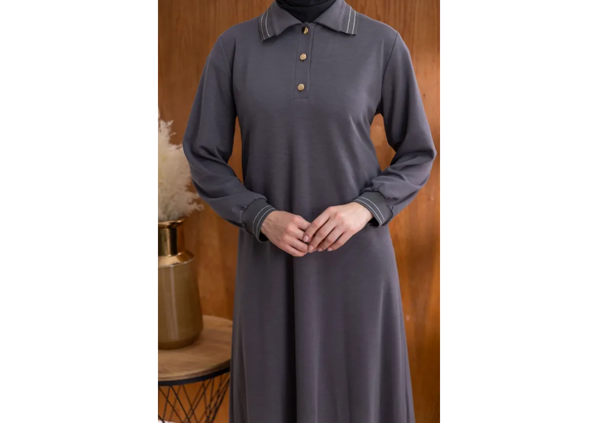 YAKASI VE MANŞETİ RİBANALI ELBİSE - ANTRASİT - (Asorti: M-XXL)