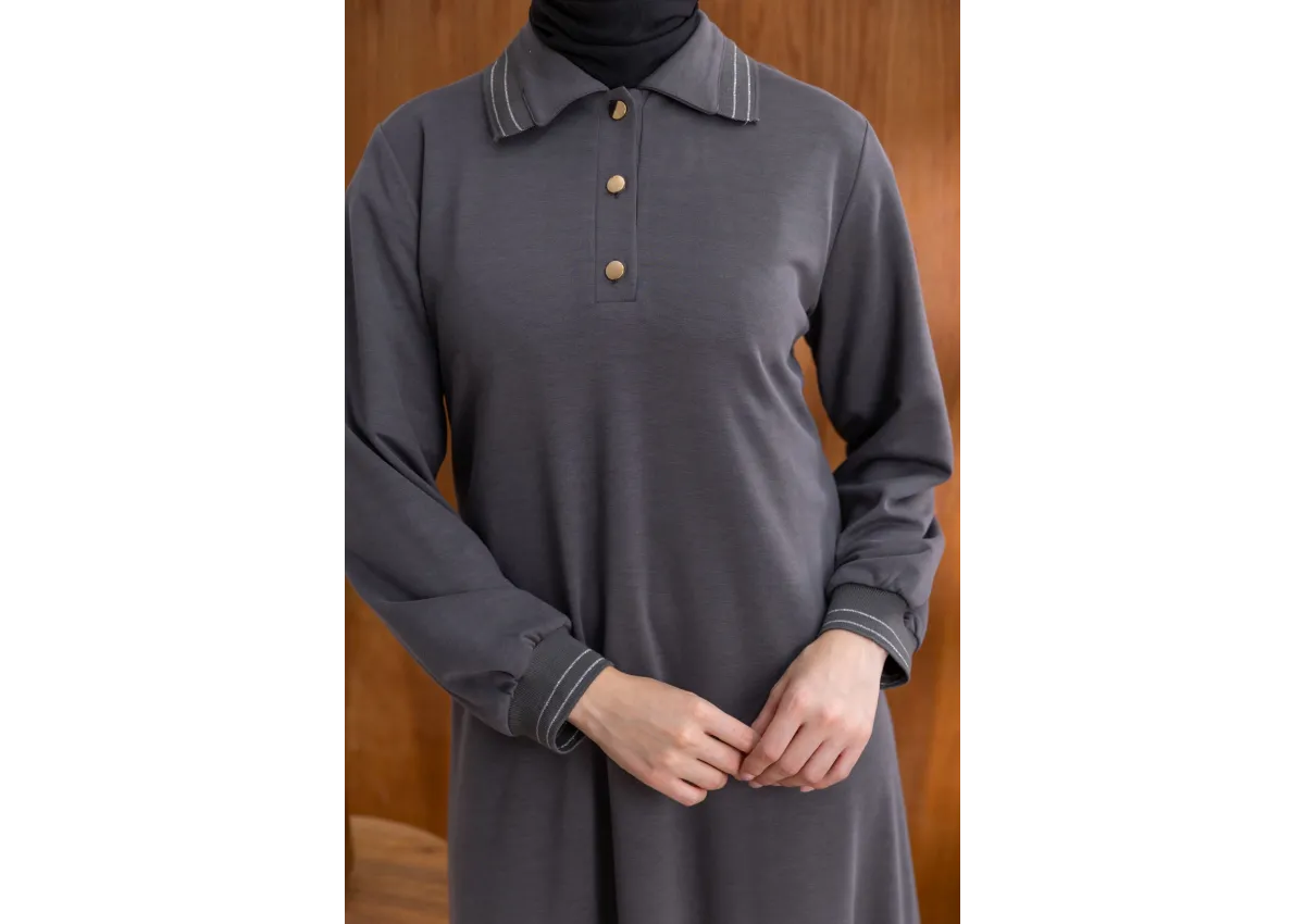 YAKASI VE MANŞETİ RİBANALI ELBİSE - ANTRASİT - (Asorti: M-XXL)