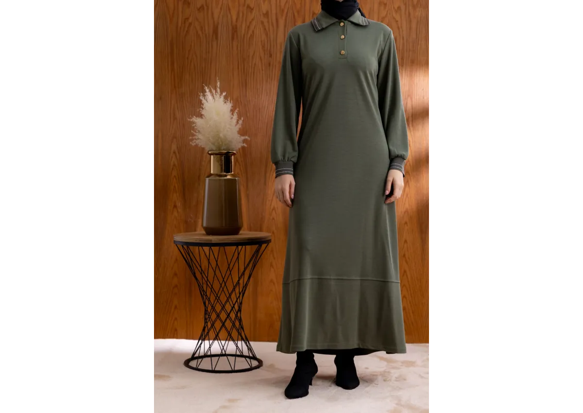 YAKASI VE MANŞETİ RİBANALI ELBİSE - HAKİ - (Asorti: M-XXL)