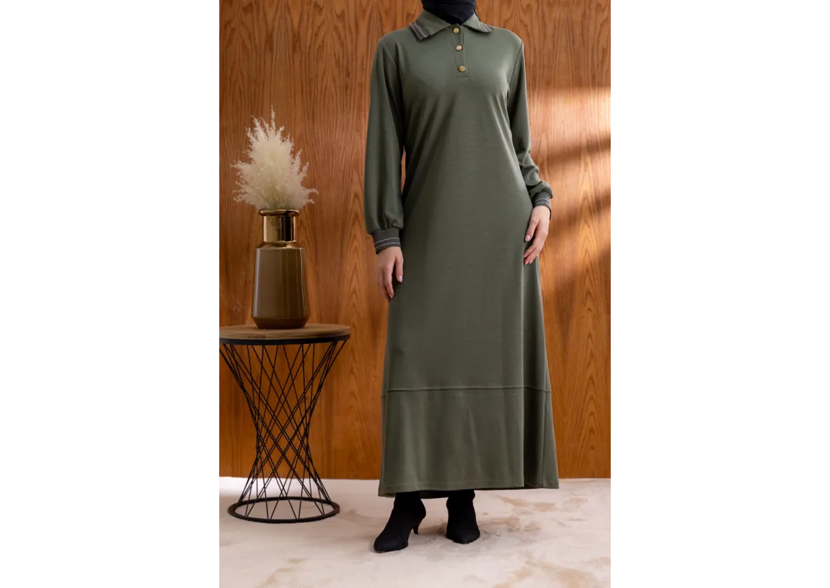 YAKASI VE MANŞETİ RİBANALI ELBİSE - HAKİ - (Asorti: M-XXL)