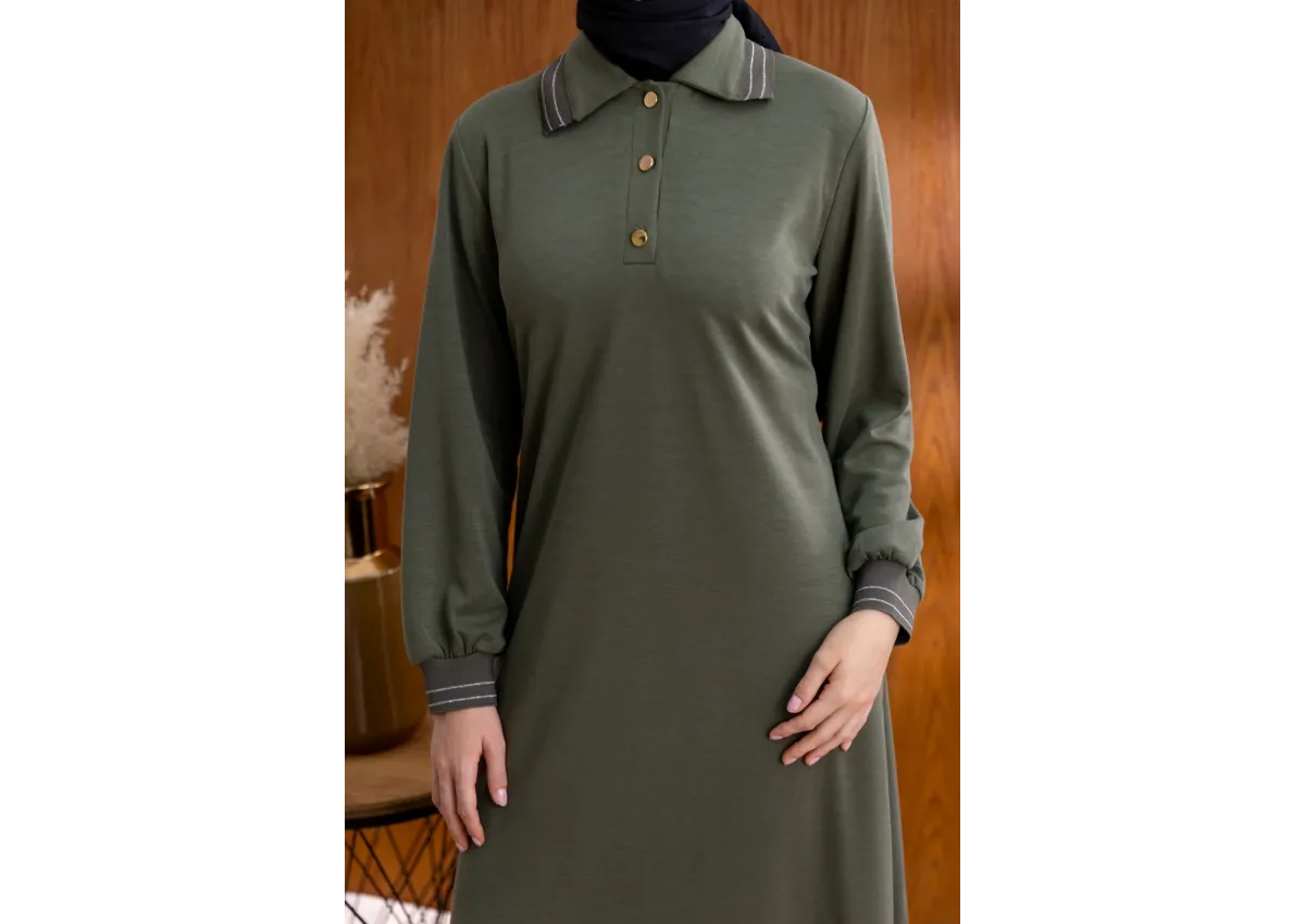 YAKASI VE MANŞETİ RİBANALI ELBİSE - HAKİ - (Asorti: M-XXL)