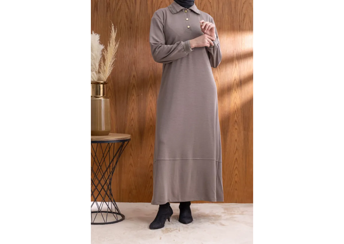 YAKASI VE MANŞETİ RİBANALI ELBİSE - VİZON - (Asorti: M-XXL)