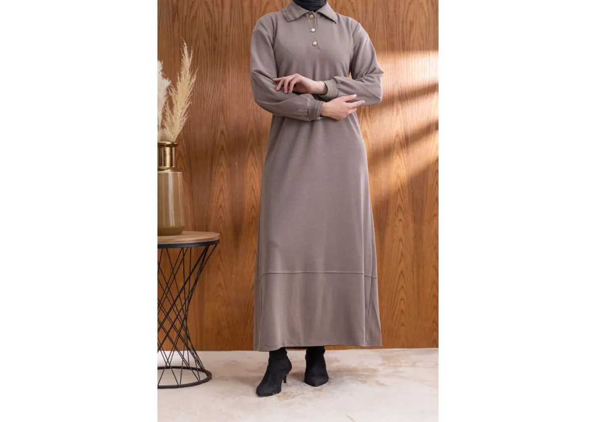 YAKASI VE MANŞETİ RİBANALI ELBİSE - VİZON - (Asorti: M-XXL)