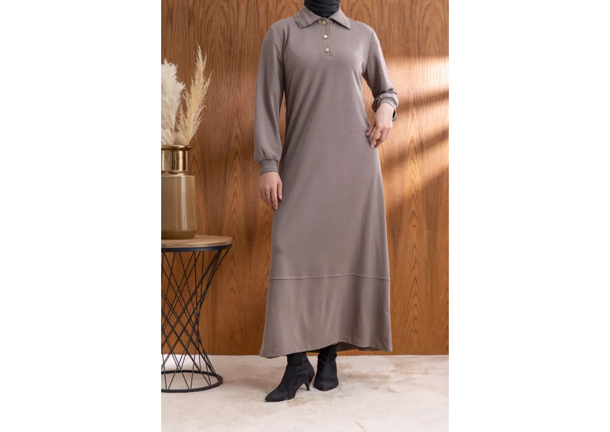 YAKASI VE MANŞETİ RİBANALI ELBİSE - VİZON - (Asorti: M-XXL)