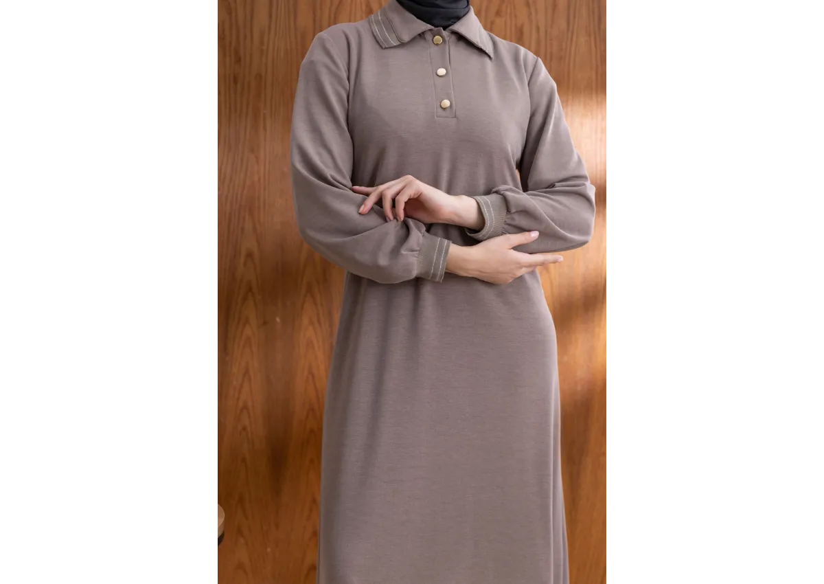 YAKASI VE MANŞETİ RİBANALI ELBİSE - VİZON - (Asorti: M-XXL)