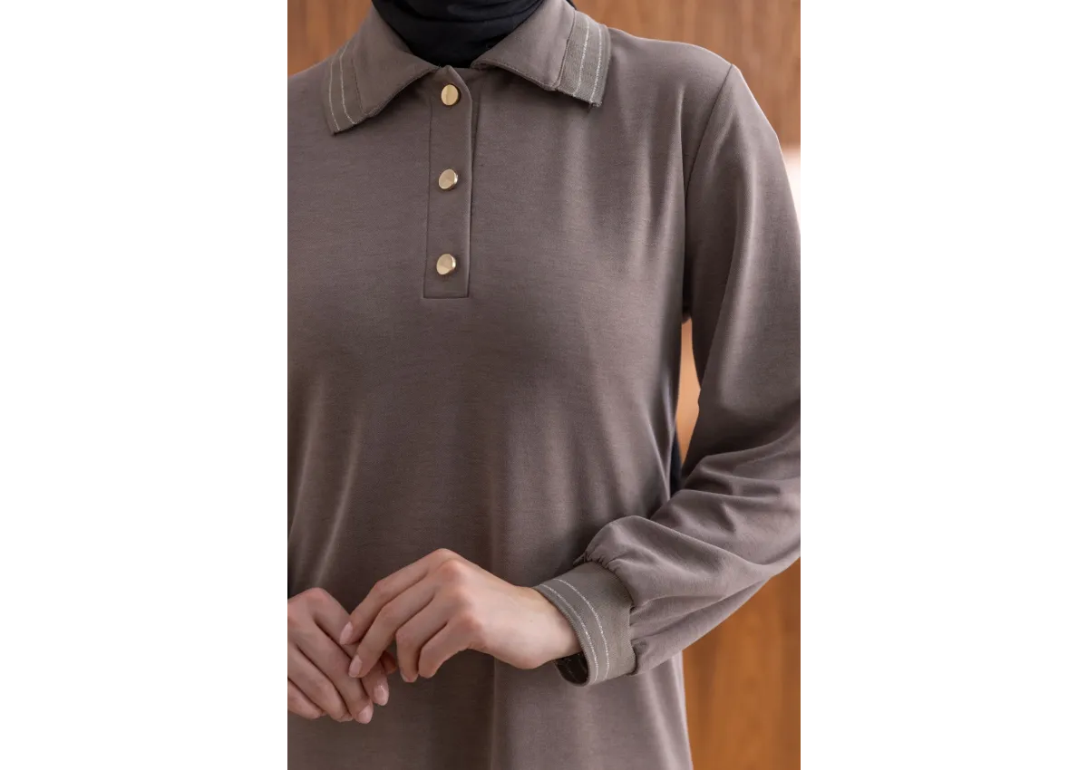 YAKASI VE MANŞETİ RİBANALI ELBİSE - VİZON - (Asorti: M-XXL)