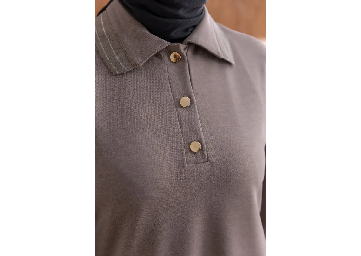 YAKASI VE MANŞETİ RİBANALI ELBİSE - VİZON - (Asorti: M-XXL)