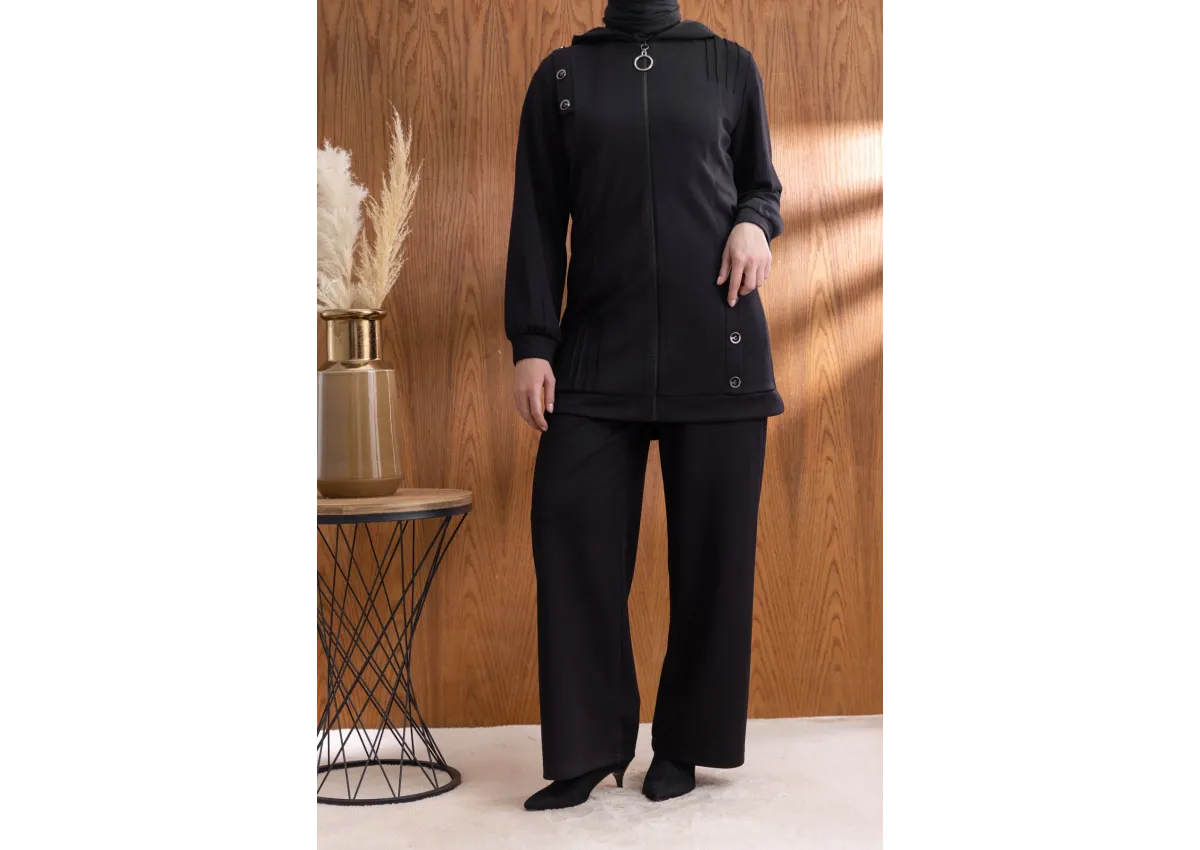 Letafet Kapüşonlu Düğme Detaylı Ceketli Pantolonlu Takım - SİYAH - (Asorti: M-XXL)