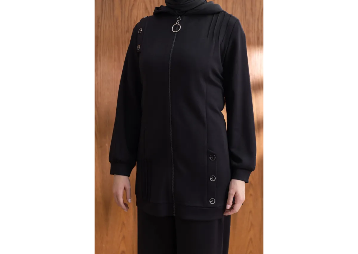 Letafet Kapüşonlu Düğme Detaylı Ceketli Pantolonlu Takım - SİYAH - (Asorti: M-XXL)