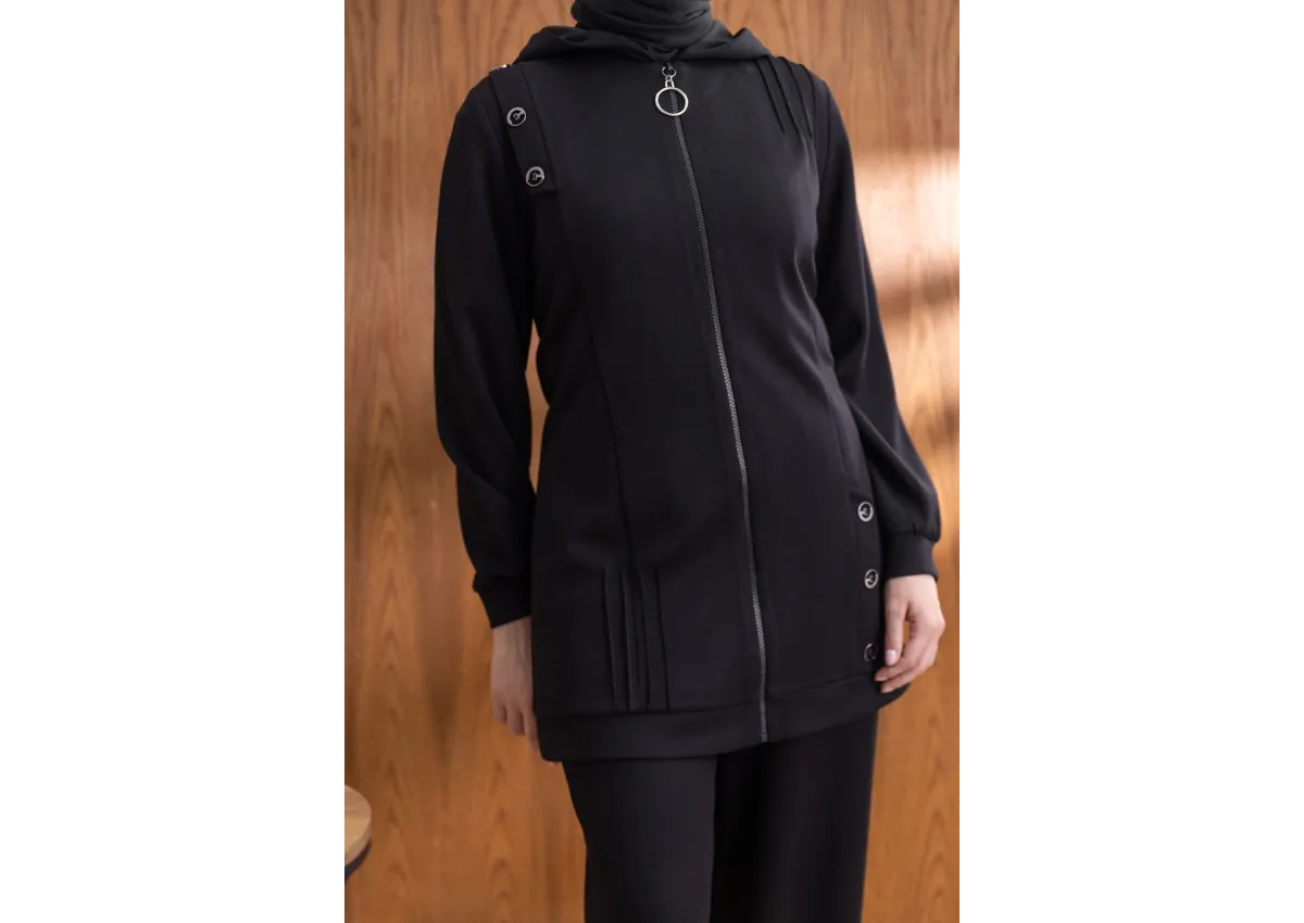 Letafet Kapüşonlu Düğme Detaylı Ceketli Pantolonlu Takım - SİYAH - (Asorti: M-XXL)