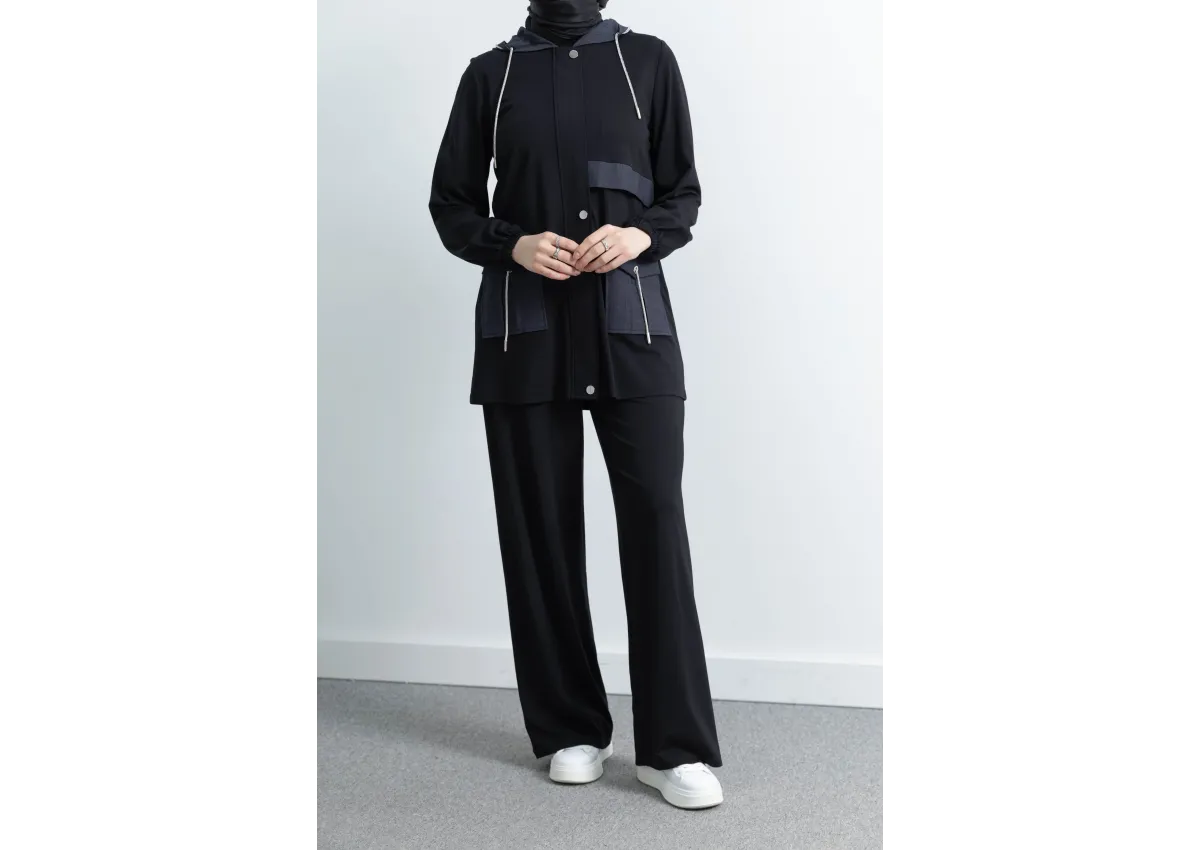 GARNİ KUMAŞLI ALLERLİ PANTOLON TAKIM - SİYAH - (Asorti: M-XXL)