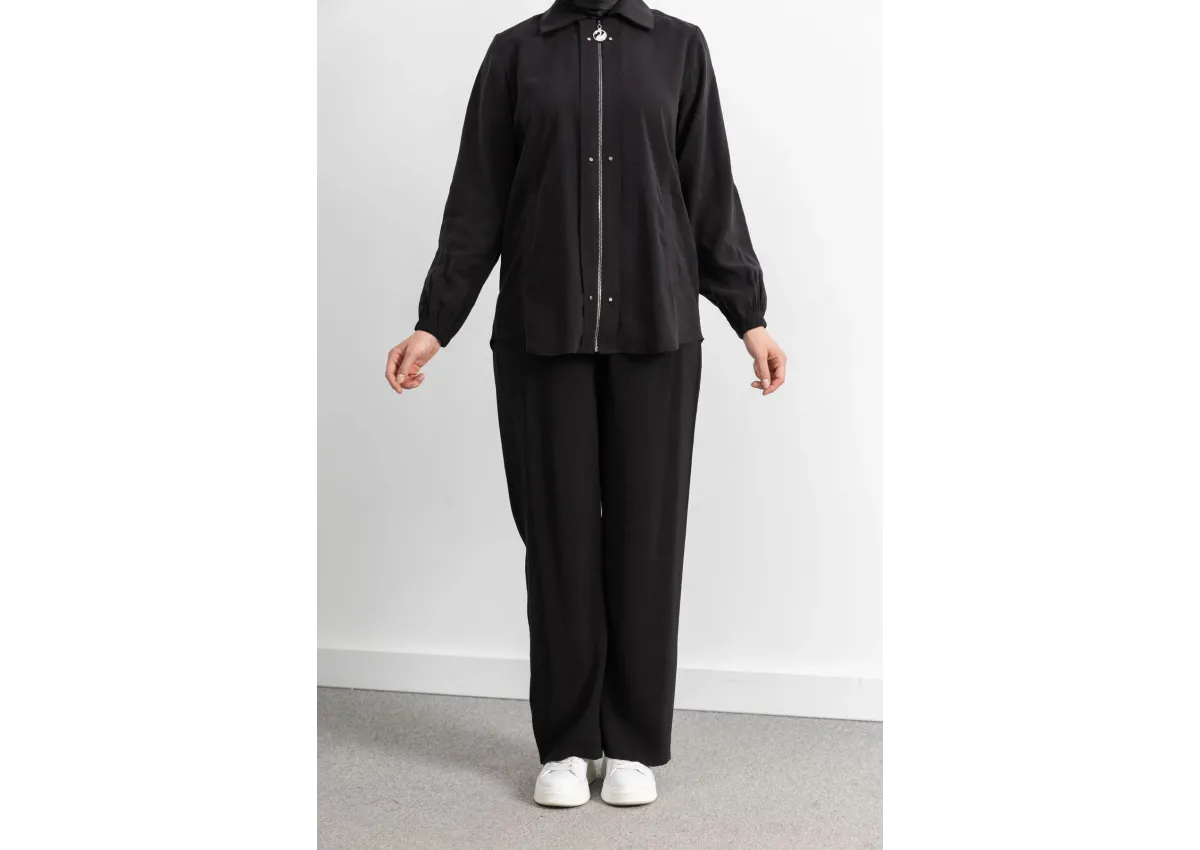 LETAFET RİVET DETAYLI FERMUARLI PANTOLONLU TAKIM - SİYAH - (Asorti: M-XXL)