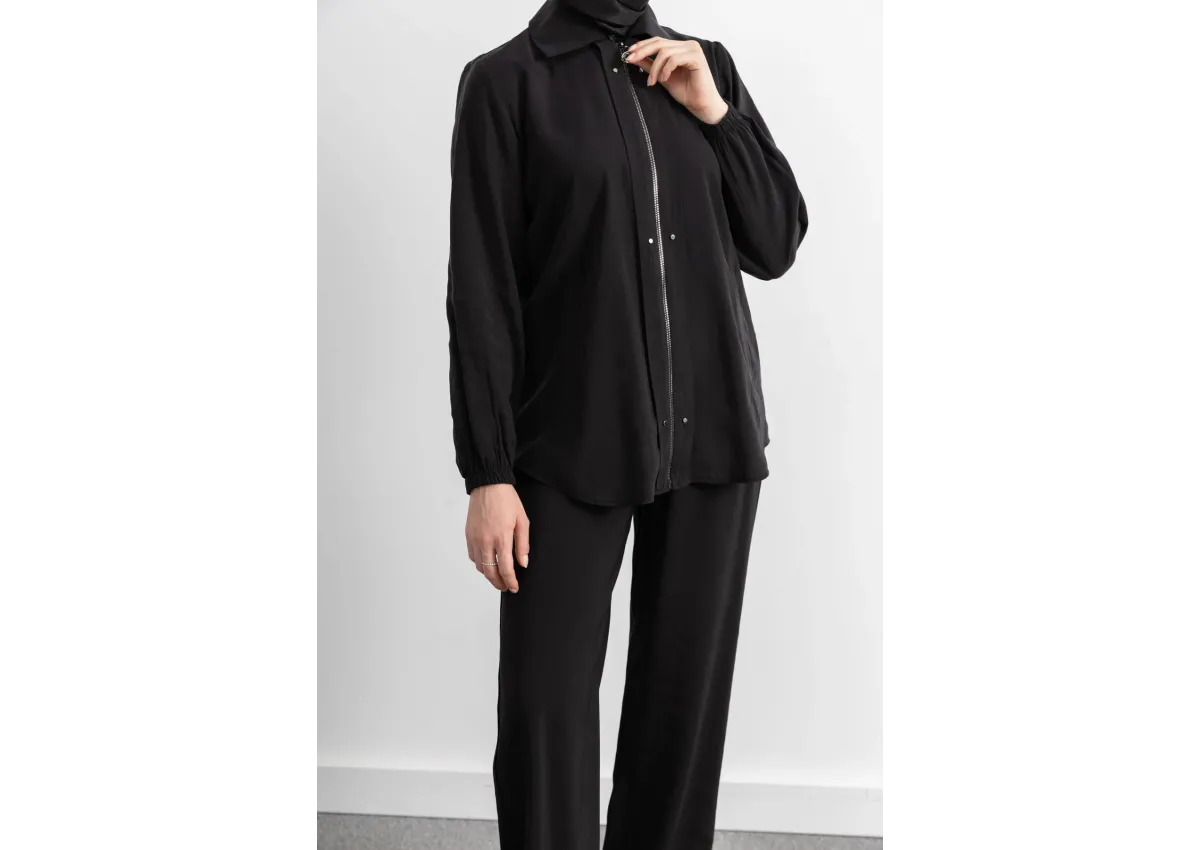 LETAFET RİVET DETAYLI FERMUARLI PANTOLONLU TAKIM - SİYAH - (Asorti: M-XXL)