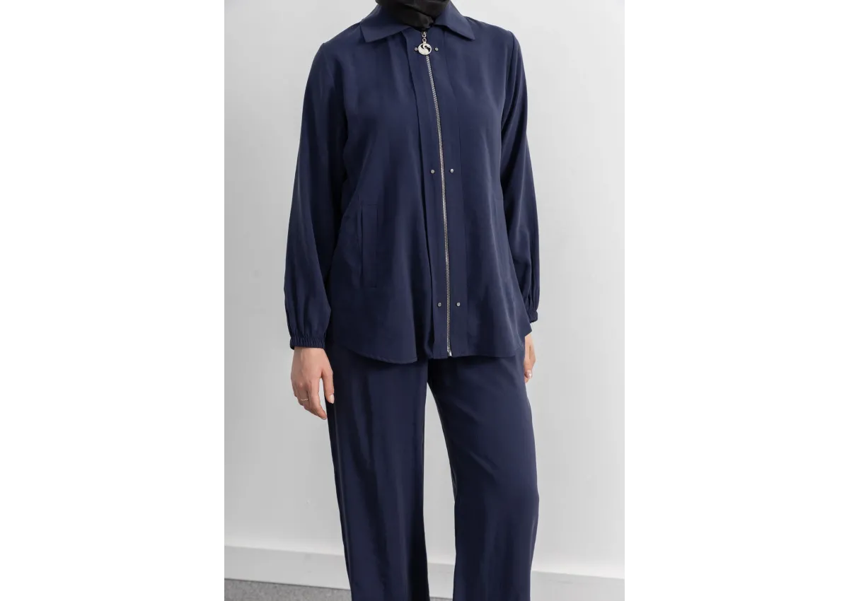 LETAFET RİVET DETAYLI FERMUARLI PANTOLONLU TAKIM - LACİVERT - (Asorti: M-XXL)