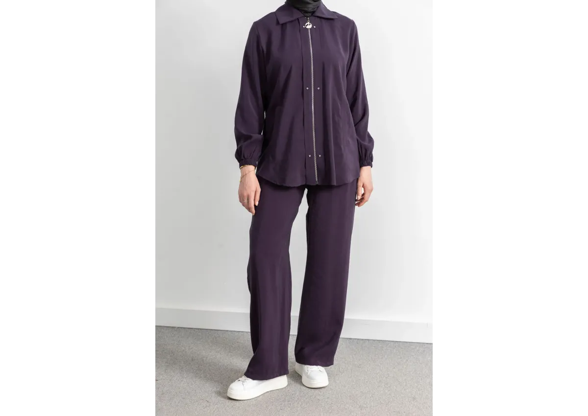 LETAFET RİVET DETAYLI FERMUARLI PANTOLONLU TAKIM - MÜRDÜM - (Asorti: M-XXL)