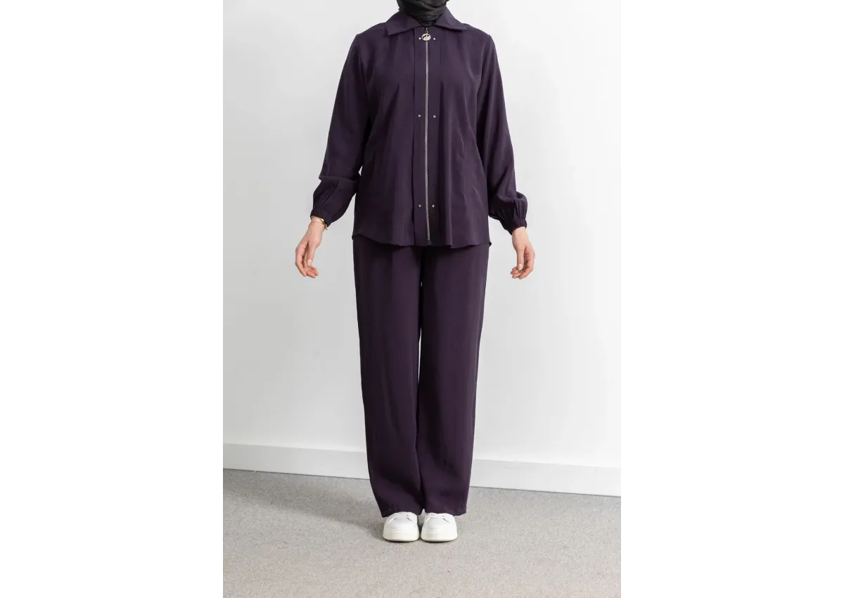 LETAFET RİVET DETAYLI FERMUARLI PANTOLONLU TAKIM - MÜRDÜM - (Asorti: M-XXL)